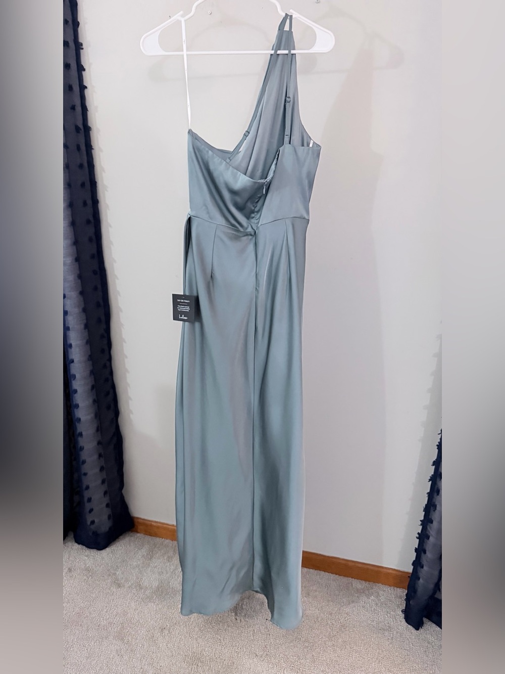 NWT Lulu's One-Shoulder Slate Blue Satin Gown with Slit XL - Picture 7 of 12